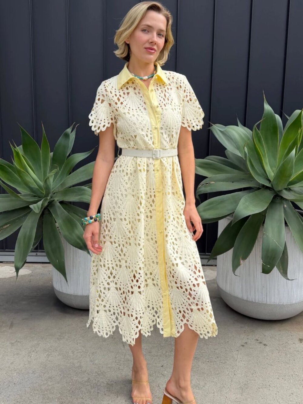 Benaar Robin Belted Short Sleeve Lace Midi Dres